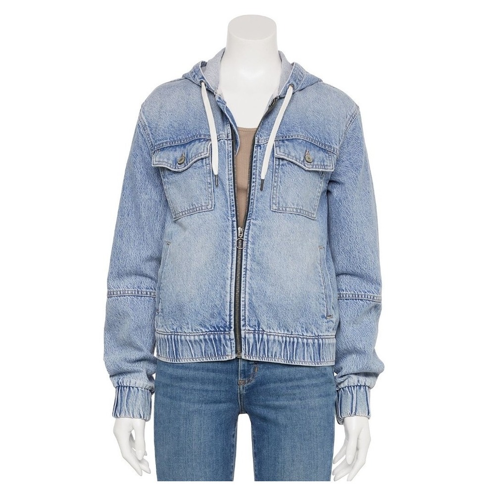 Y2K Retro Light Denim Hoodie Size L Utility Bomber Jacket Biker Streetwear